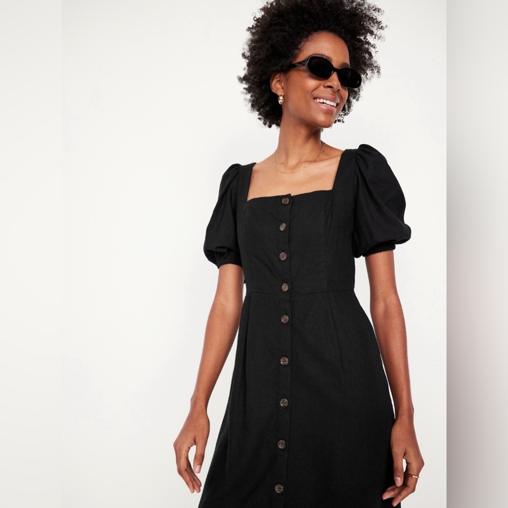 NWOT Old Navy Black Midi Puff Sleeve Dress - Picture 3 of 10
